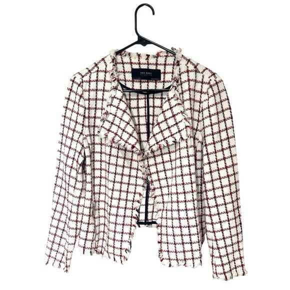 ZARA Raw Hem Red, White, & Navy Open Style Tweed Jacket Blazer Size XL - Picture 1 of 10